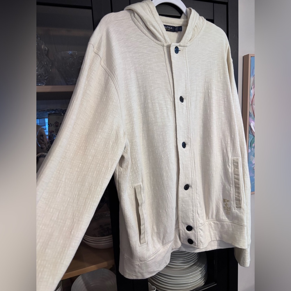 NAUTICA N30 Cotton Cream Hoodie Jacket Size L buttons pockets unisex